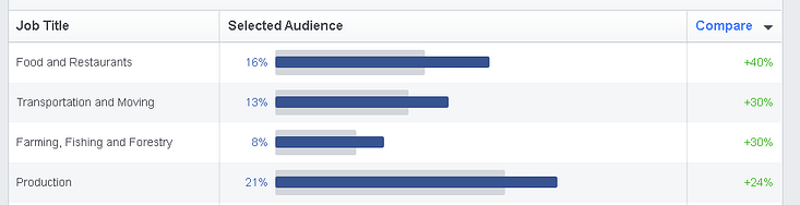 Scrolling down on the Facebook Audience Insights tool, you can see a breakdown of your selected audience by buckets of Job Titles.