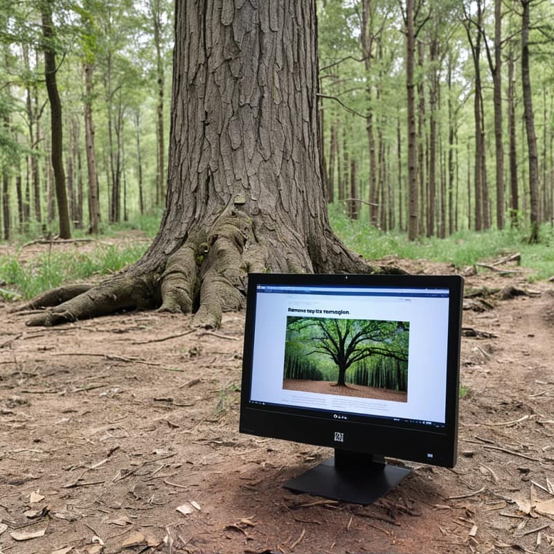 A computer on the floor of an oak forest